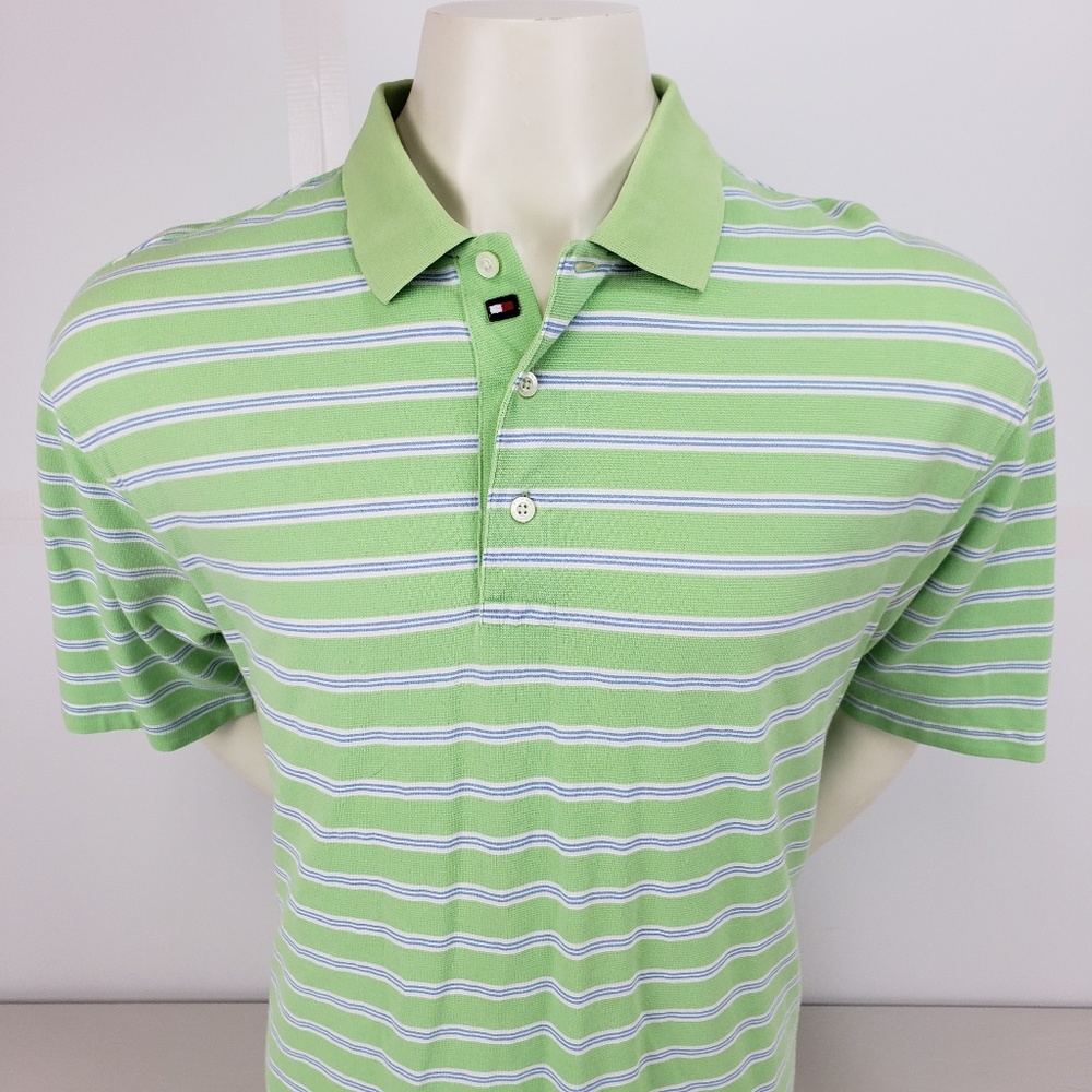 Tommy Hilfiger Polo Green White Stripes Men's XL